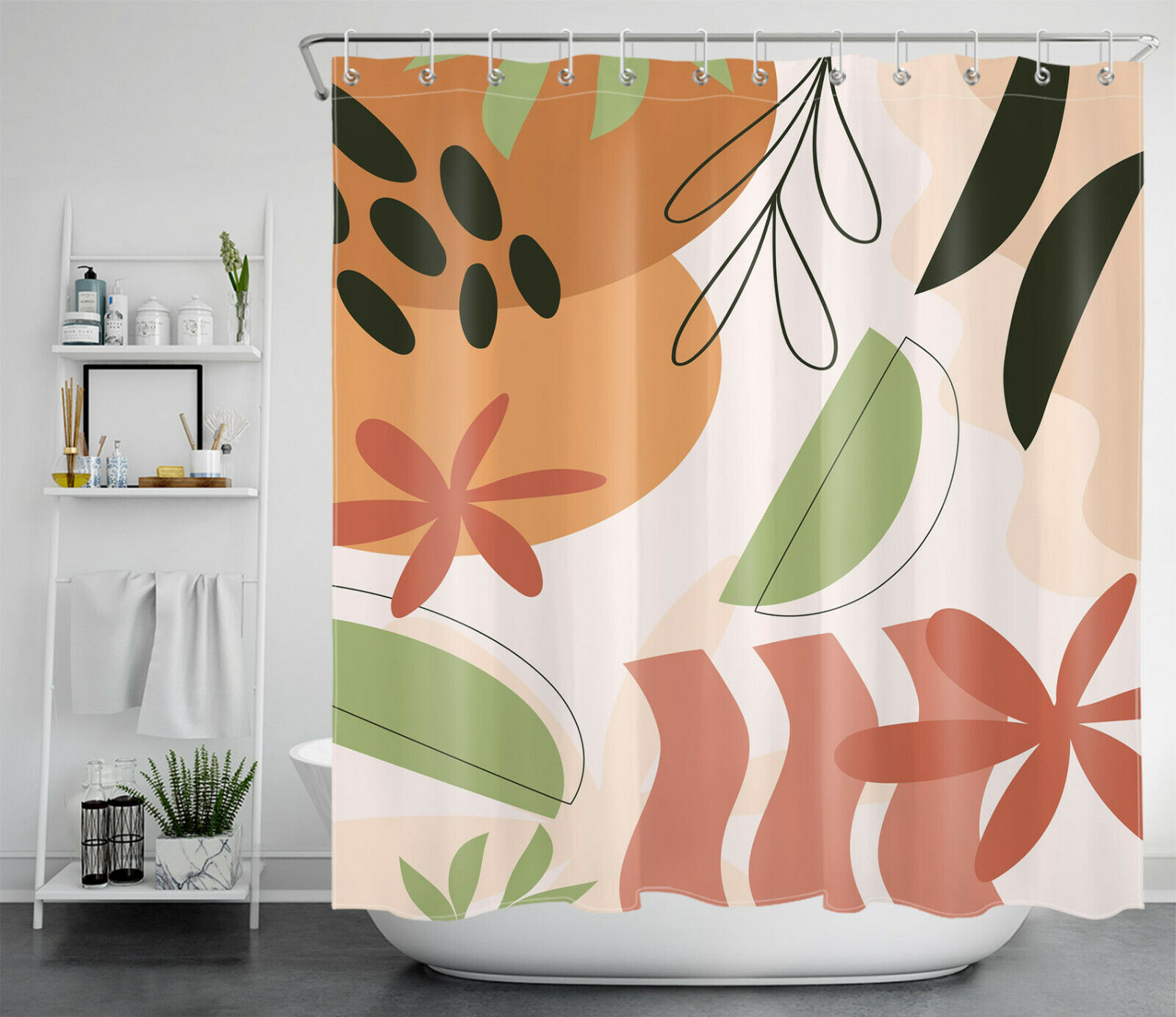 Minimalist Geometric Leaves Print Shower Curtain for Modern Abstract Bathroom Decor