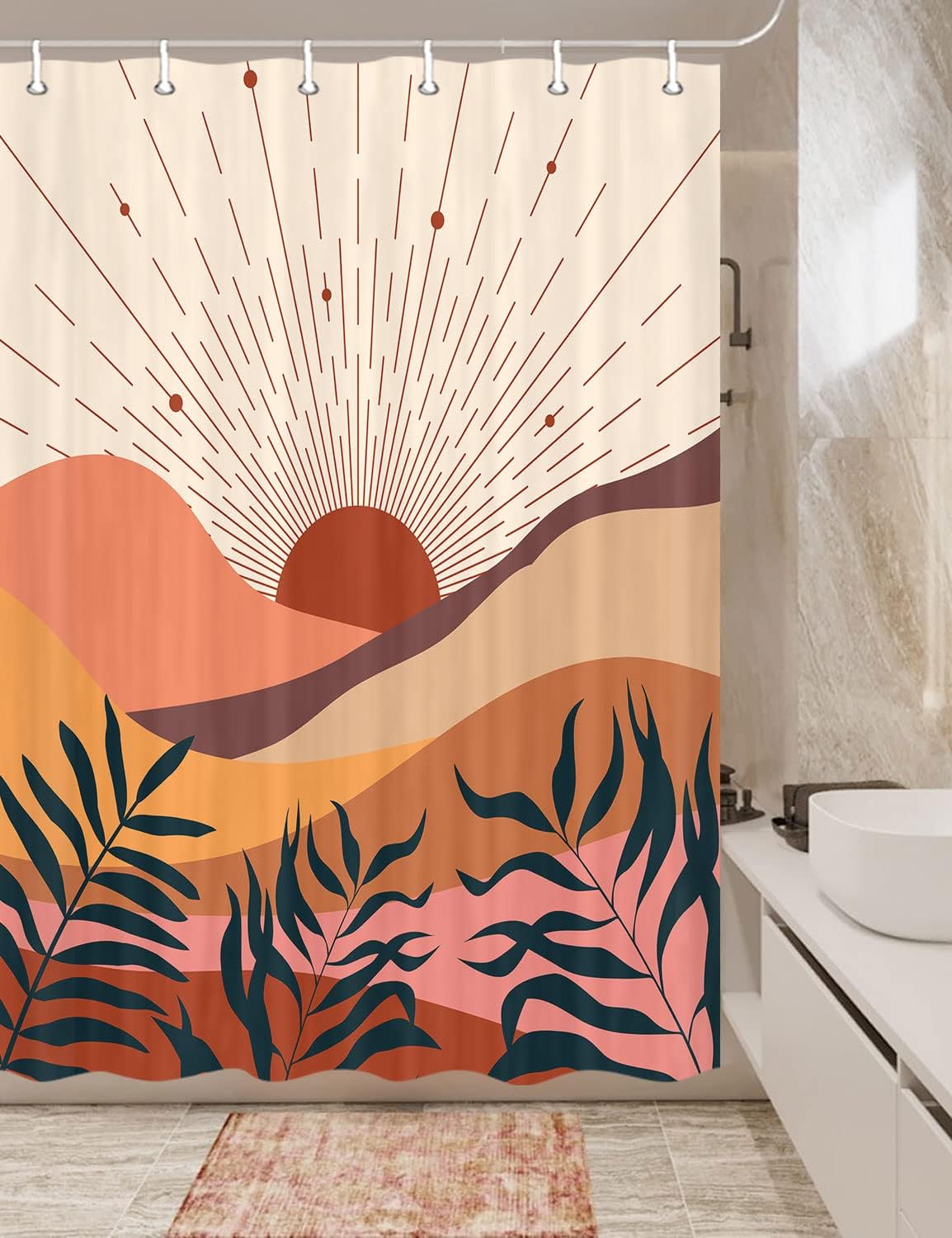 Minimalist Geometric Mid Century Boho Shower Curtain for Camper Bathroom Decor