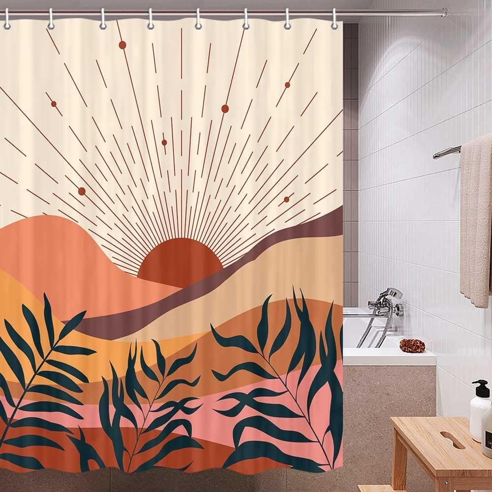 Minimalist Geometric Mid Century Boho Shower Curtain for Camper Bathroom Decor