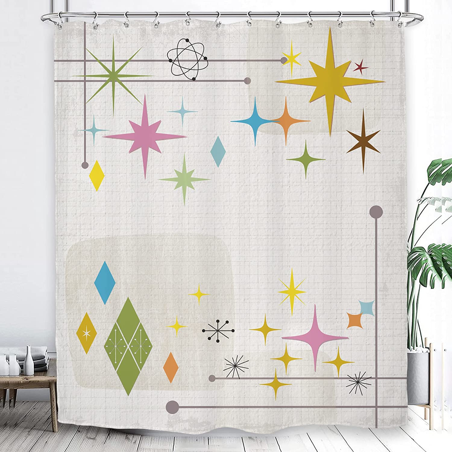 Minimalist Geometric Stars and Shapes Print Shower Curtain for Modern Art Deco Look