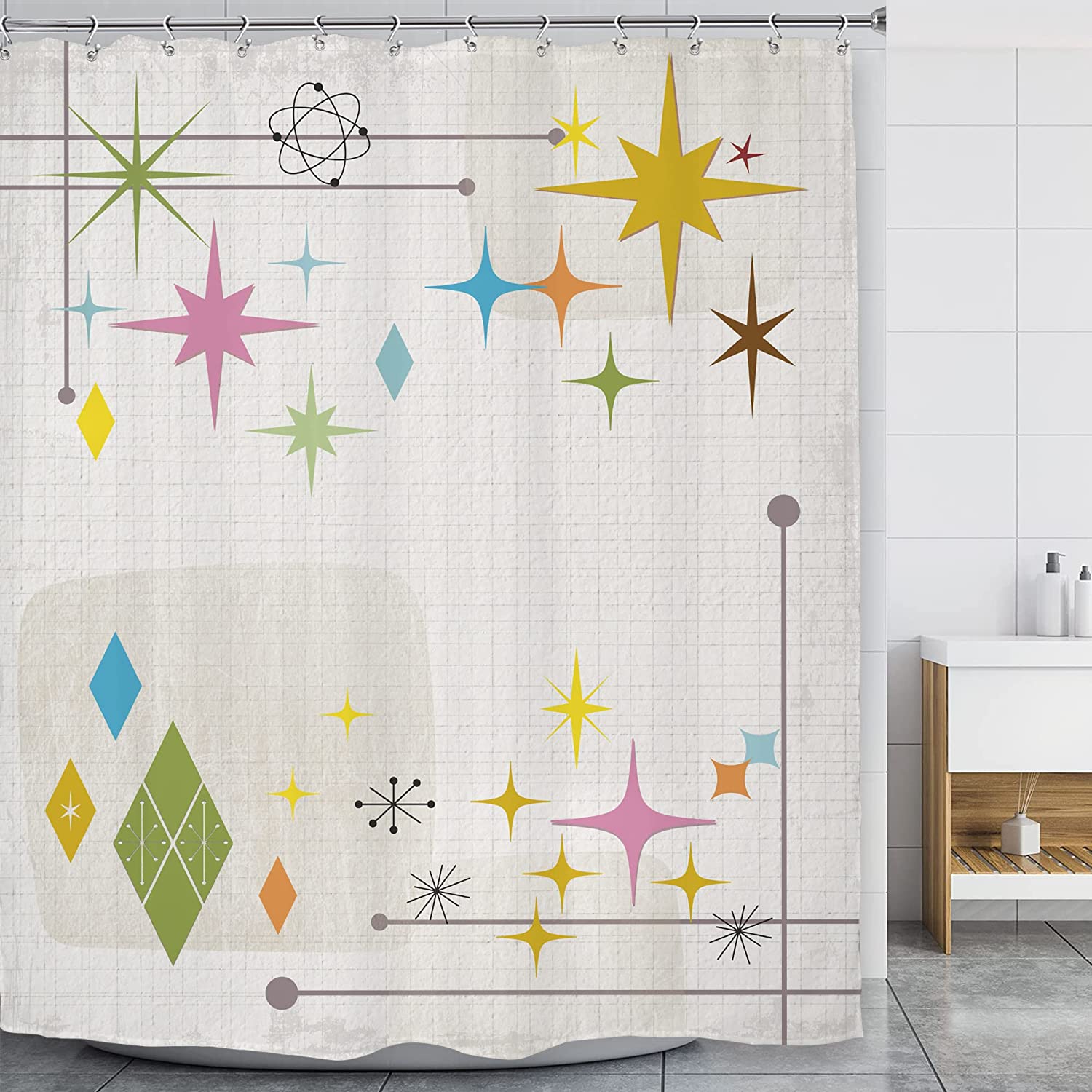 Minimalist Geometric Stars and Shapes Print Shower Curtain for Modern Art Deco Look