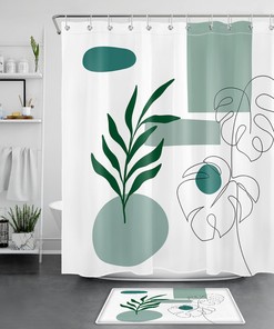 Minimalist Green Geometric Plant Leaf Shower Curtain, Bathroom Accessories With Nature Print