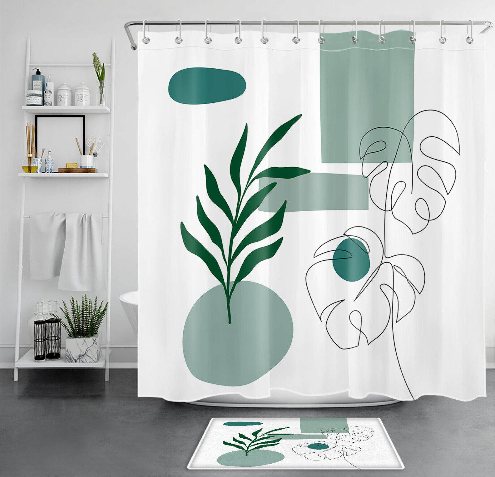 Minimalist Green Geometric Plant Leaf Shower Curtain, Bathroom Accessories With Nature Print