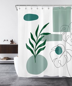 Minimalist Green Geometric Plant Leaf Shower Curtain, Bathroom Accessories With Nature Print