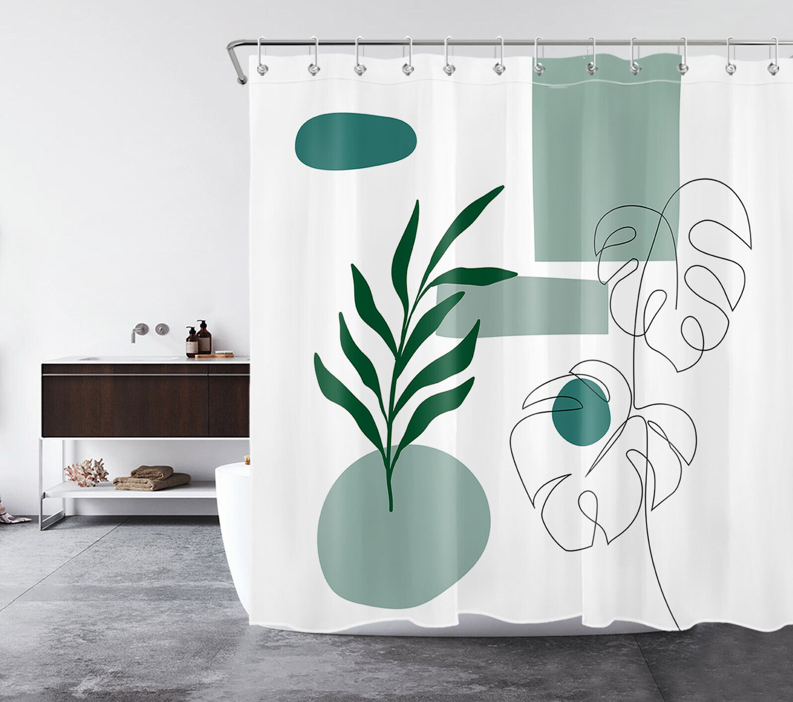 Minimalist Green Geometric Plant Leaf Shower Curtain, Bathroom Accessories With Nature Print