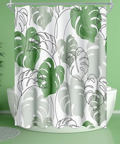Minimalist Green Monstera Leaf Shower Curtain With Abstract Plant Print For Modern Bathroom Decor