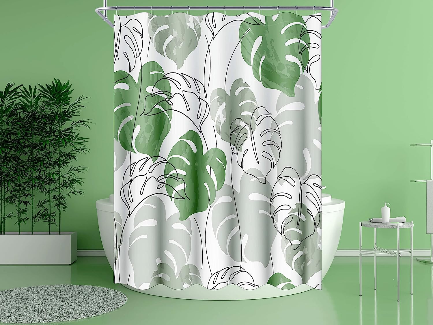 Minimalist Green Monstera Leaf Shower Curtain With Abstract Plant Print For Modern Bathroom Decor
