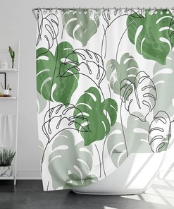 Minimalist Green Monstera Leaf Shower Curtain With Abstract Plant Print For Modern Bathroom Decor
