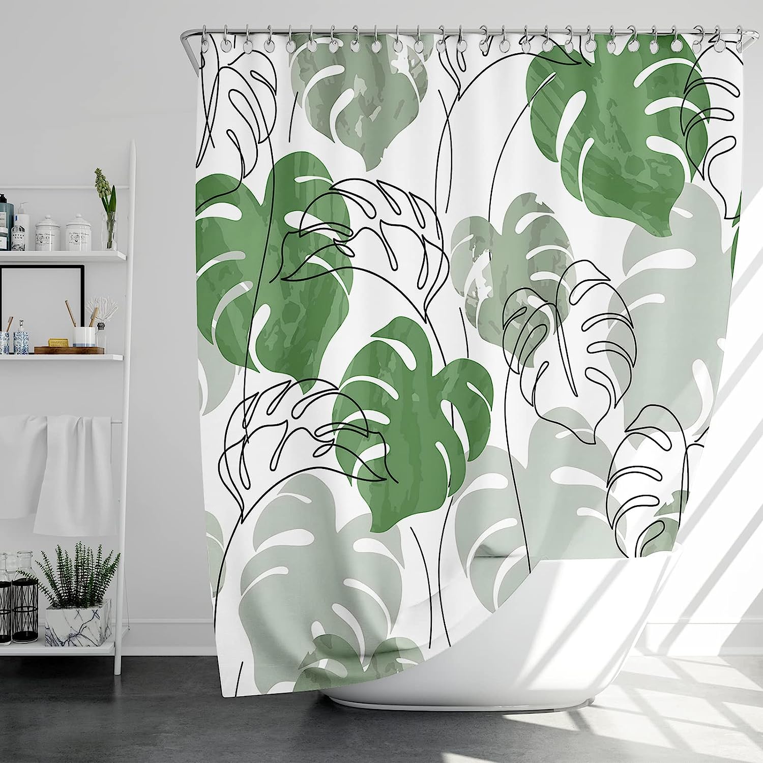 Minimalist Green Monstera Leaf Shower Curtain With Abstract Plant Print For Modern Bathroom Decor