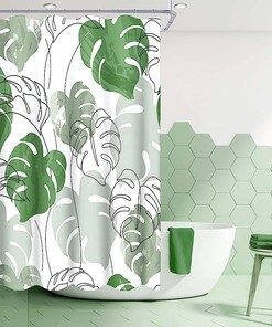Minimalist Green Monstera Leaf Shower Curtain With Abstract Plant Print For Modern Bathroom Decor