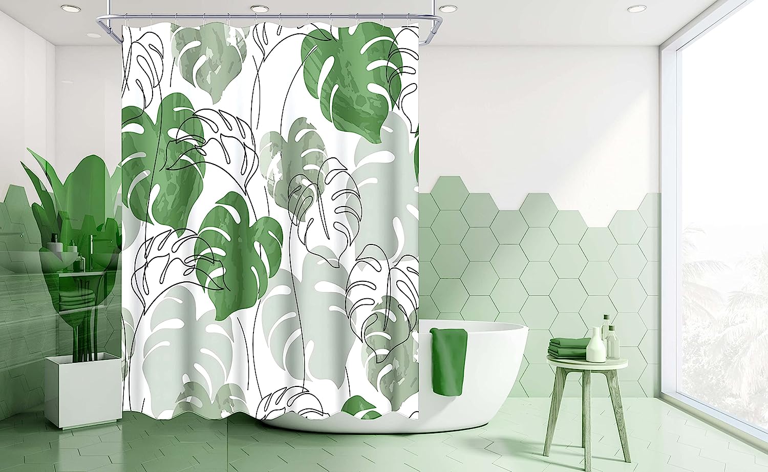 Minimalist Green Monstera Leaf Shower Curtain With Abstract Plant Print For Modern Bathroom Decor