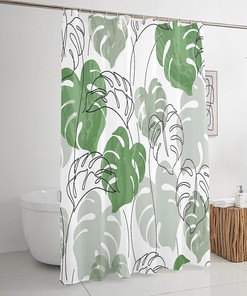 Minimalist Green Monstera Leaf Shower Curtain With Abstract Plant Print For Modern Bathroom Decor
