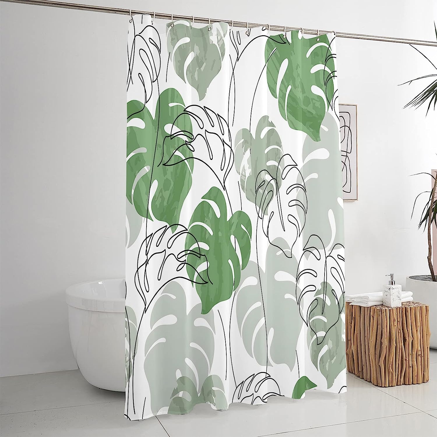 Minimalist Green Monstera Leaf Shower Curtain With Abstract Plant Print For Modern Bathroom Decor