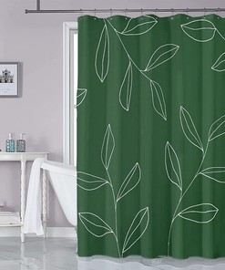 Minimalist Green Plant Shower Curtain with White Branches for Elegant and Waterproof Bathroom Decor