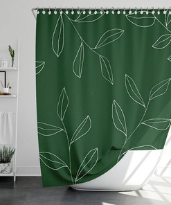 Minimalist Green Plant Shower Curtain with White Branches for Elegant and Waterproof Bathroom Decor