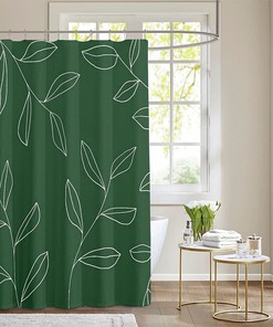 Minimalist Green Plant Shower Curtain with White Branches for Elegant and Waterproof Bathroom Decor