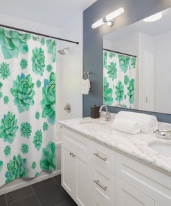 Minimalist Green Succulent Shower Curtain On White Background For Modern Bathroom Decor