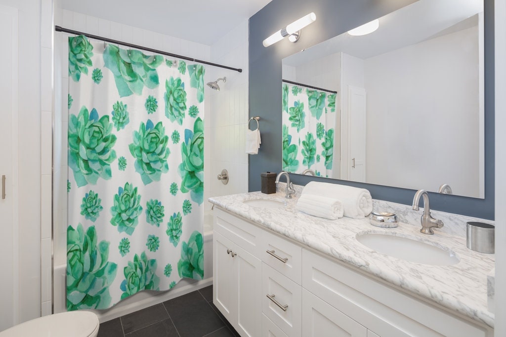 Minimalist Green Succulent Shower Curtain On White Background For Modern Bathroom Decor