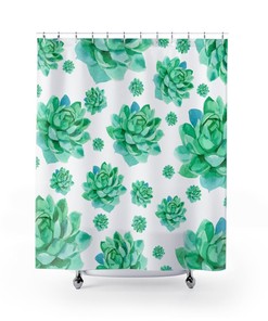 Minimalist Green Succulent Shower Curtain On White Background For Modern Bathroom Decor