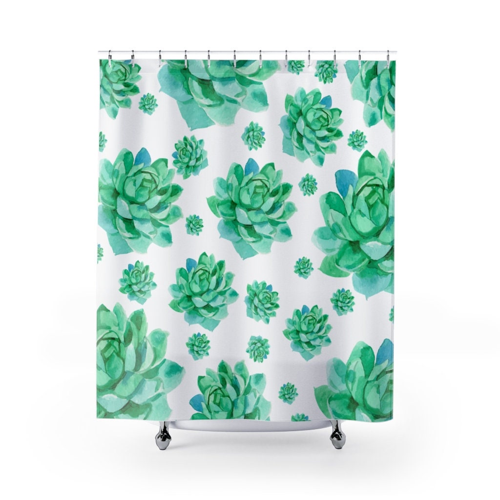 Minimalist Green Succulent Shower Curtain On White Background For Modern Bathroom Decor