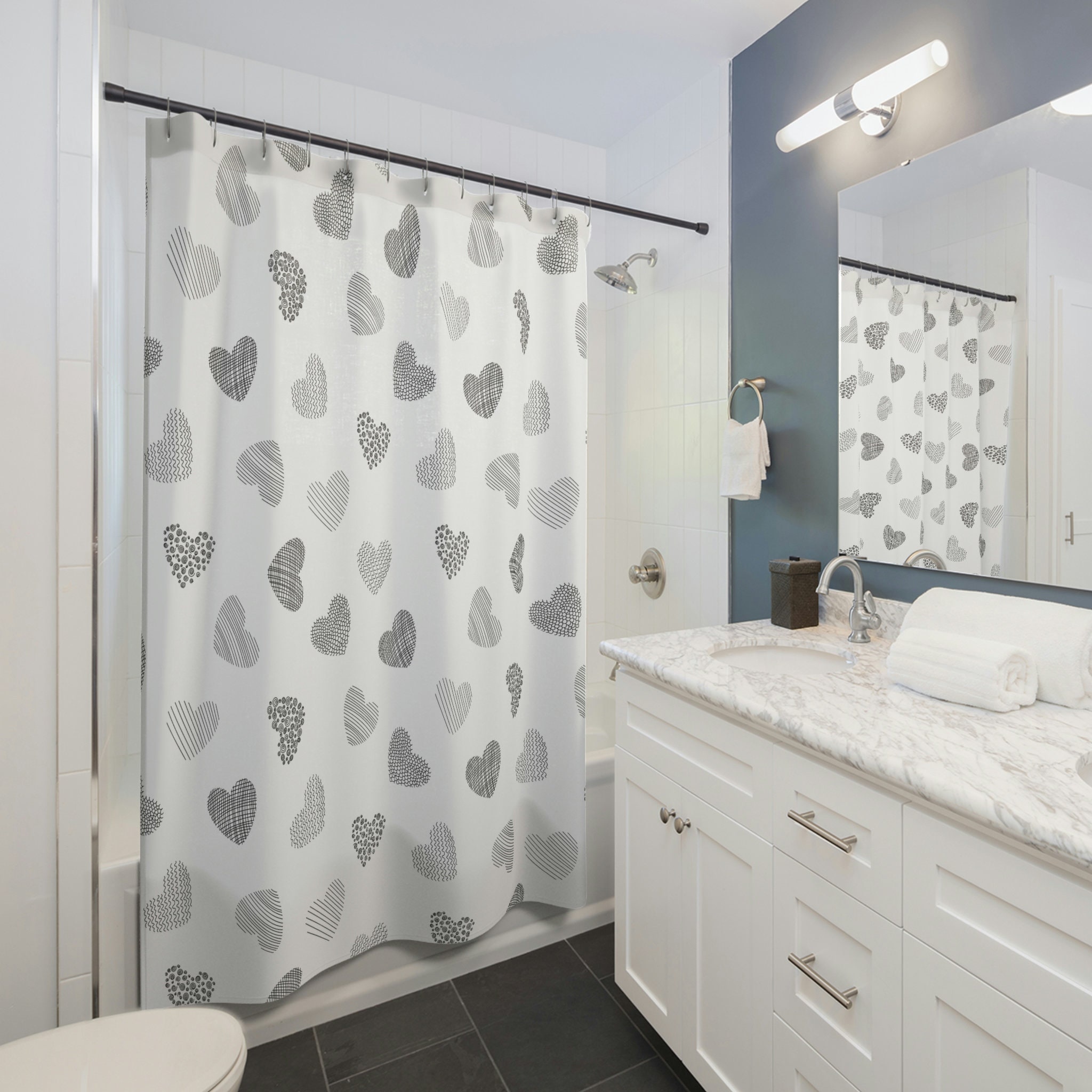 Minimalist Heart Abstract Shower Curtain | Black and White Valentine's Day Housewarming Gift for Her