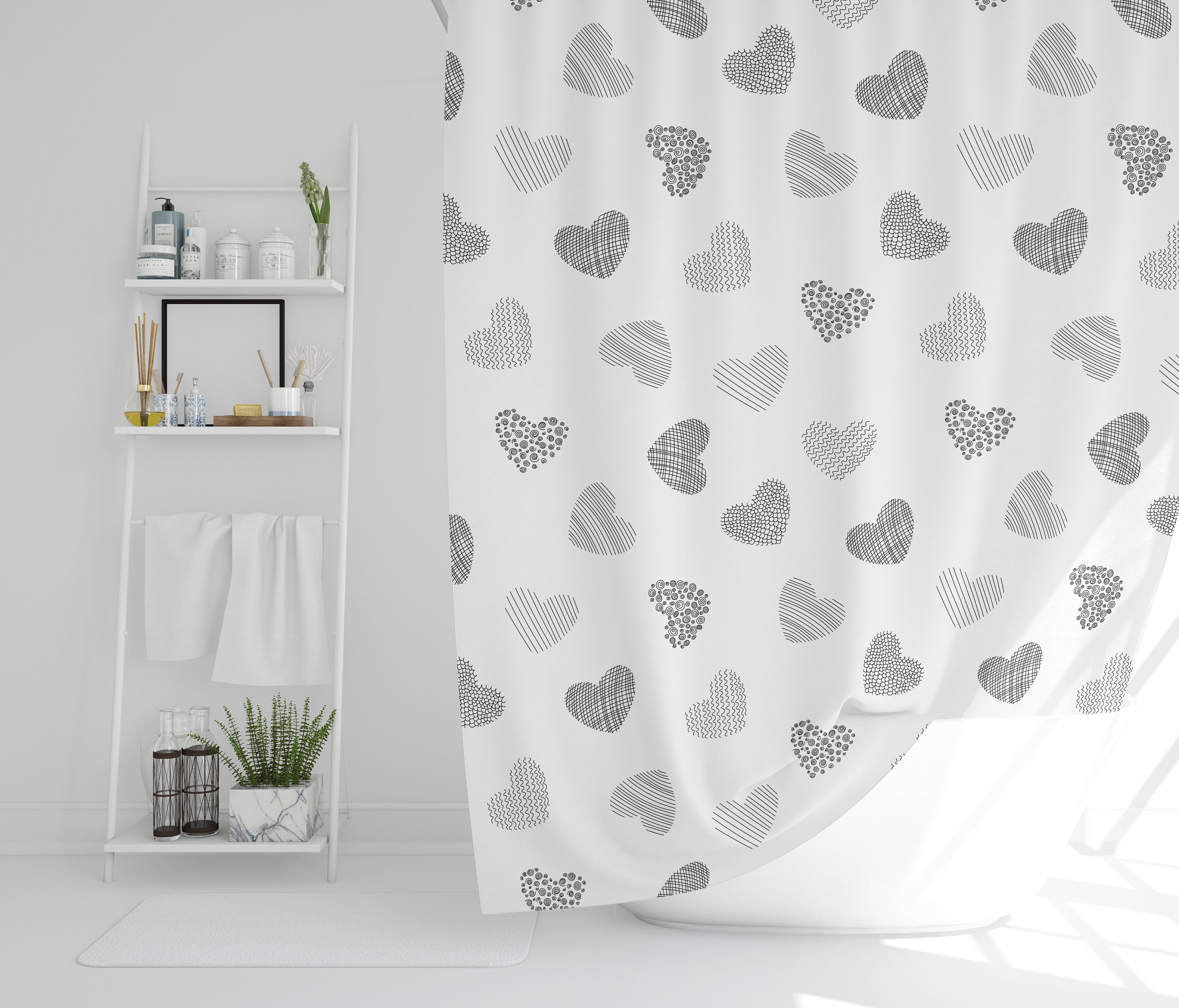 Minimalist Heart Abstract Shower Curtain | Black and White Valentine's Day Housewarming Gift for Her
