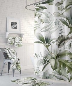 Minimalist Home Decor With White Green Tropical Jungle Monstera Leaves Boho Shower Curtain And Hand Towel