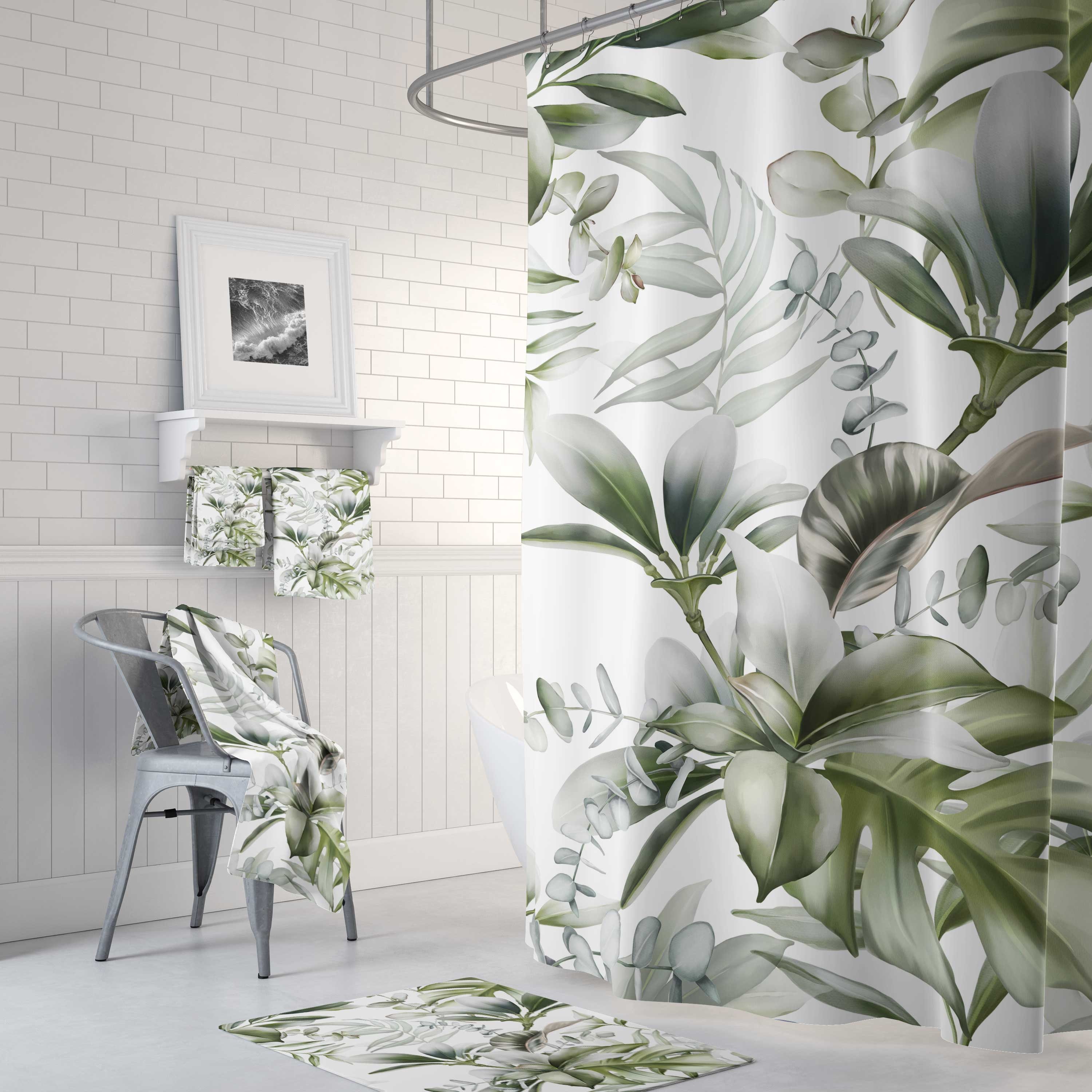 Minimalist Home Decor With White Green Tropical Jungle Monstera Leaves Boho Shower Curtain And Hand Towel