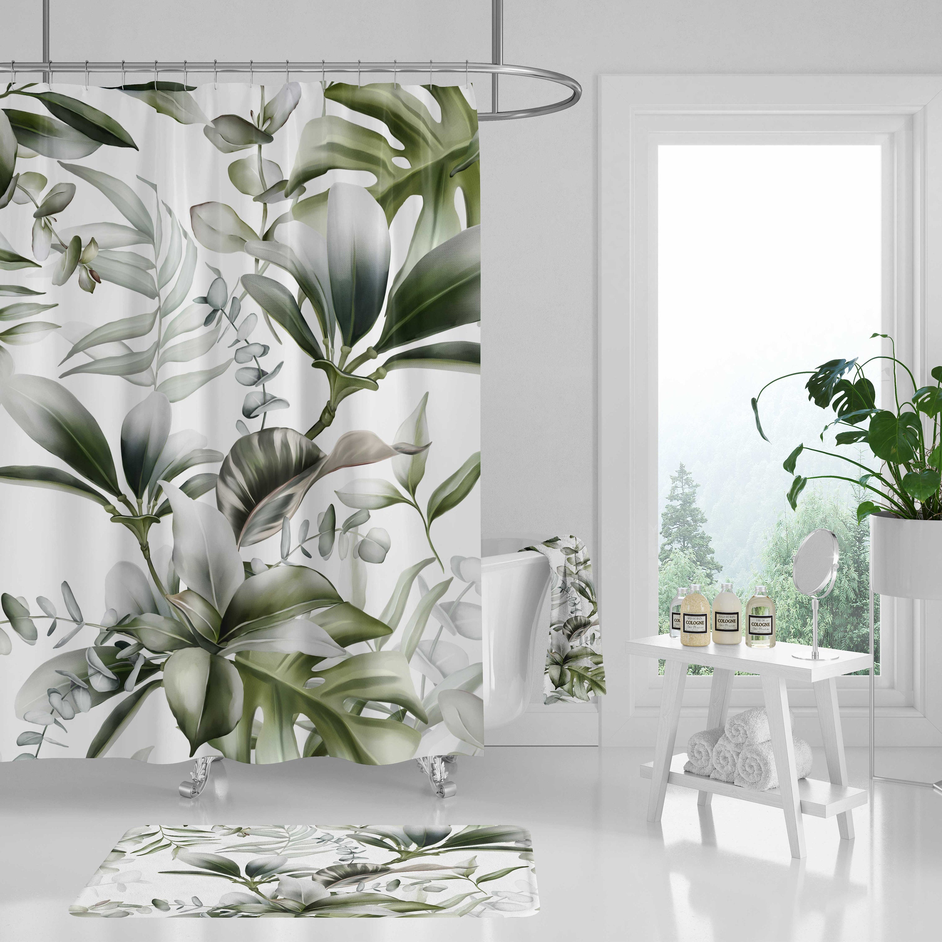 Minimalist Home Decor With White Green Tropical Jungle Monstera Leaves Boho Shower Curtain And Hand Towel - Image 2