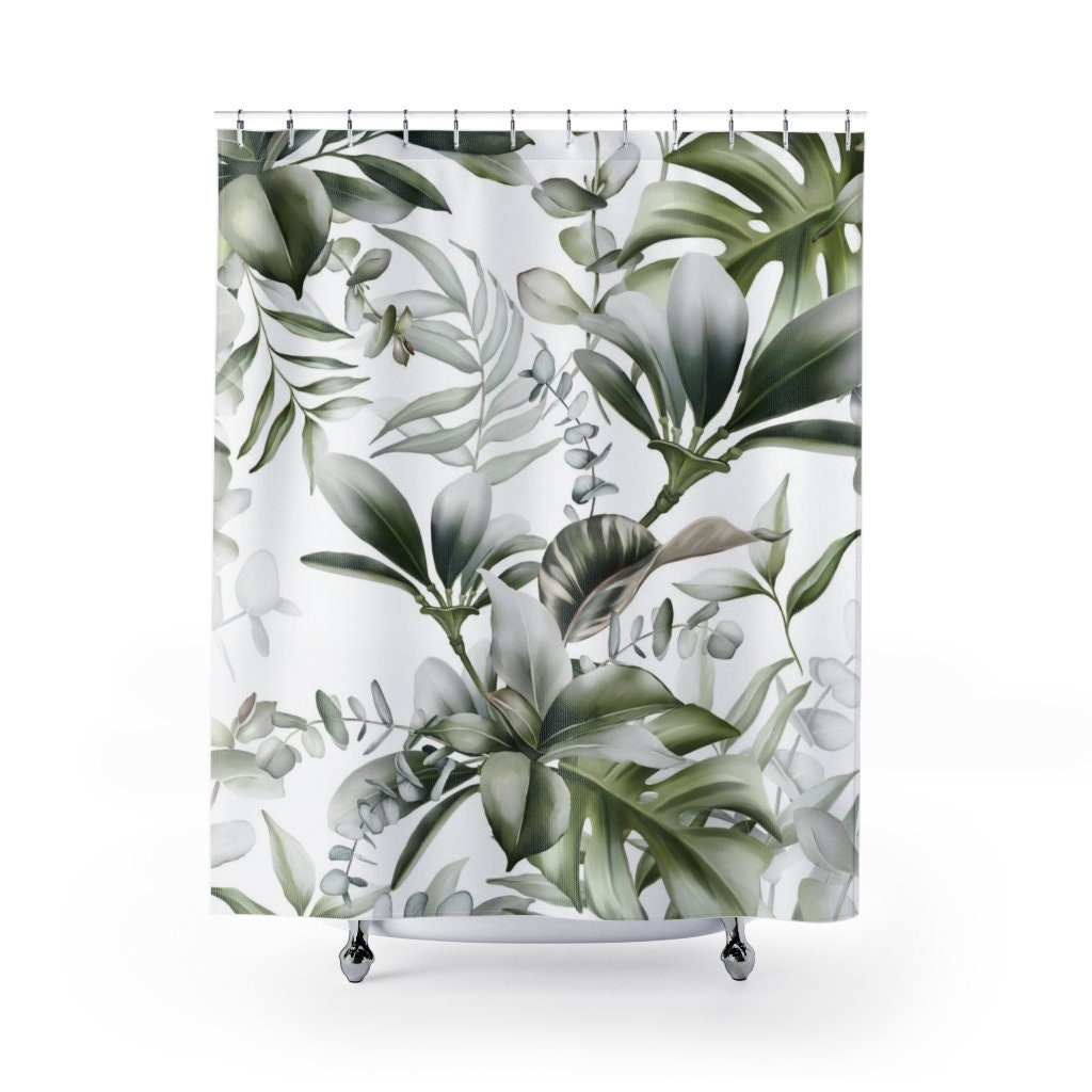 Minimalist Home Decor With White Green Tropical Jungle Monstera Leaves Boho Shower Curtain And Hand Towel - Image 3
