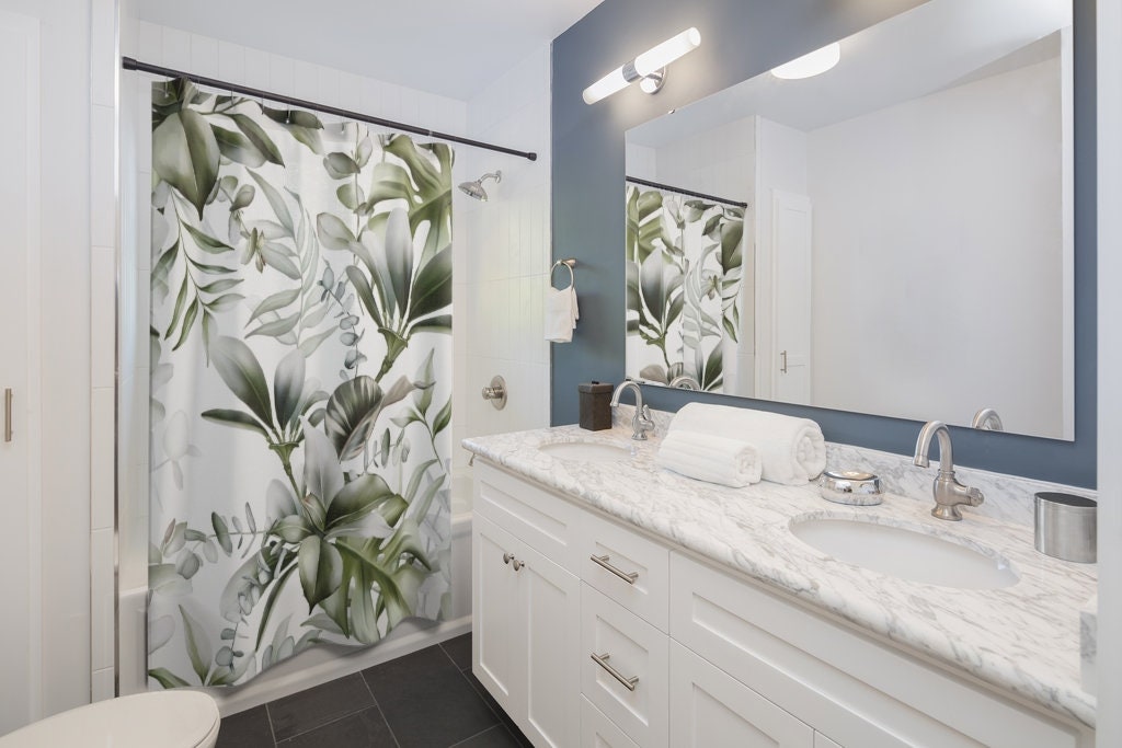 Minimalist Home Decor With White Green Tropical Jungle Monstera Leaves Boho Shower Curtain And Hand Towel - Image 4