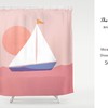 Minimalist Landscape Sun & Boat Boho Shower Curtain, Pink Sun and Sea Boho Home Decor