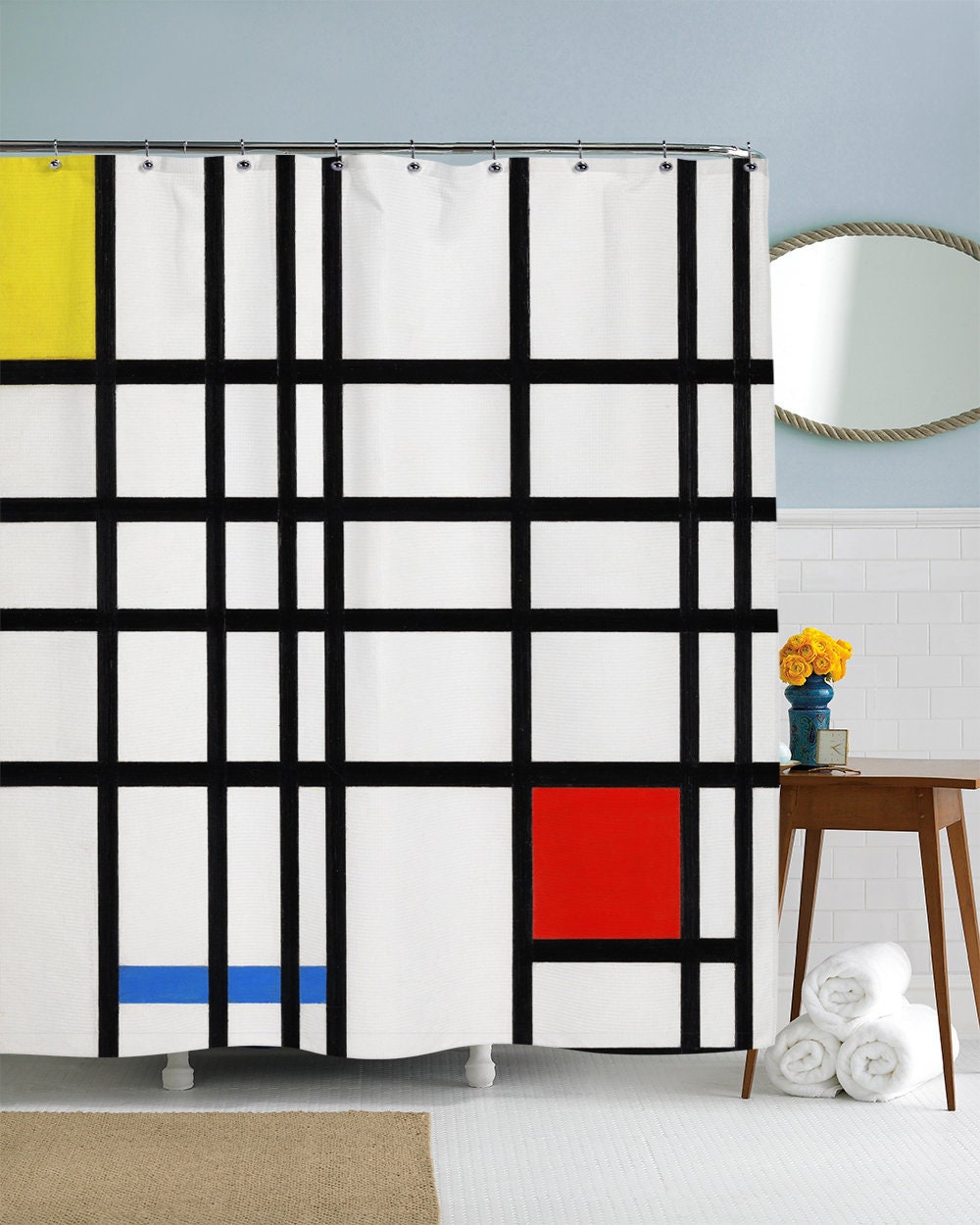 Minimalist Line Art Shower Curtain With Famous Art Decor And Geometric Pattern For Modern Bathroom Decor.