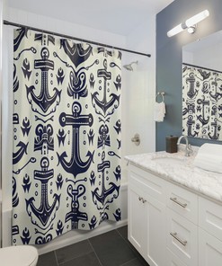 Minimalist Linework Nautical Shower Curtain, Navy Blue Anchor Design for an Elegant Bath 
