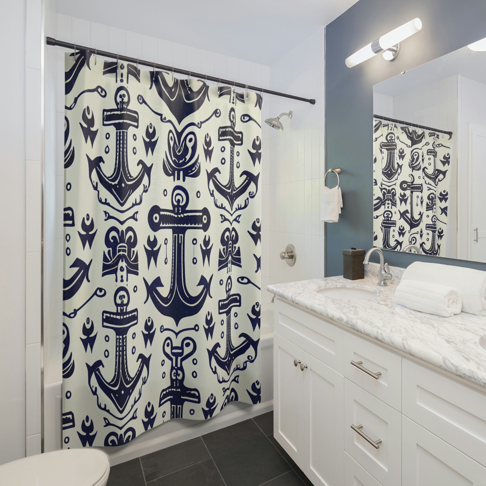 Minimalist Linework Nautical Shower Curtain, Navy Blue Anchor Design for an Elegant Bath