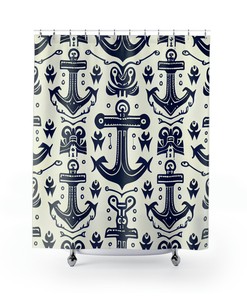 Minimalist Linework Nautical Shower Curtain, Navy Blue Anchor Design for an Elegant Bath