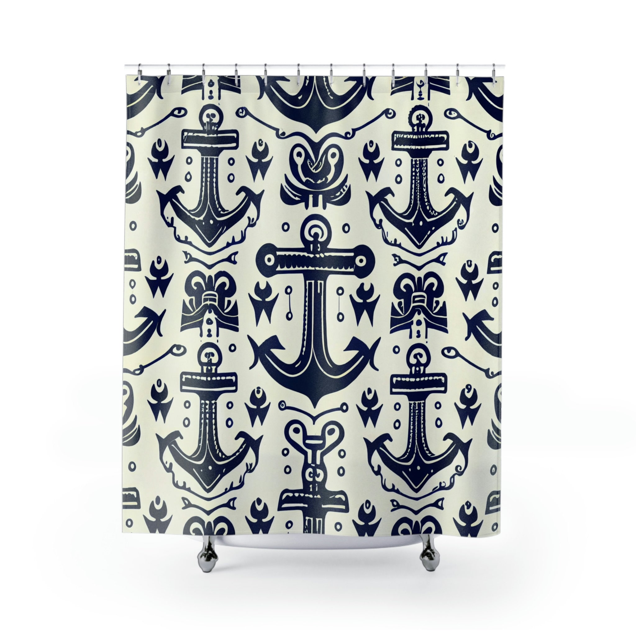 Minimalist Linework Nautical Shower Curtain, Navy Blue Anchor Design for an Elegant Bath