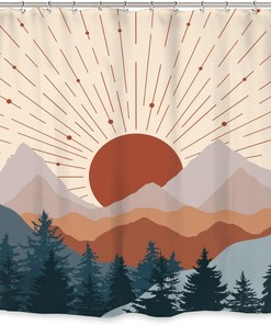 Minimalist Misty Forest and Boho Mountain Sunset Shower Curtain for Bathroom Decors