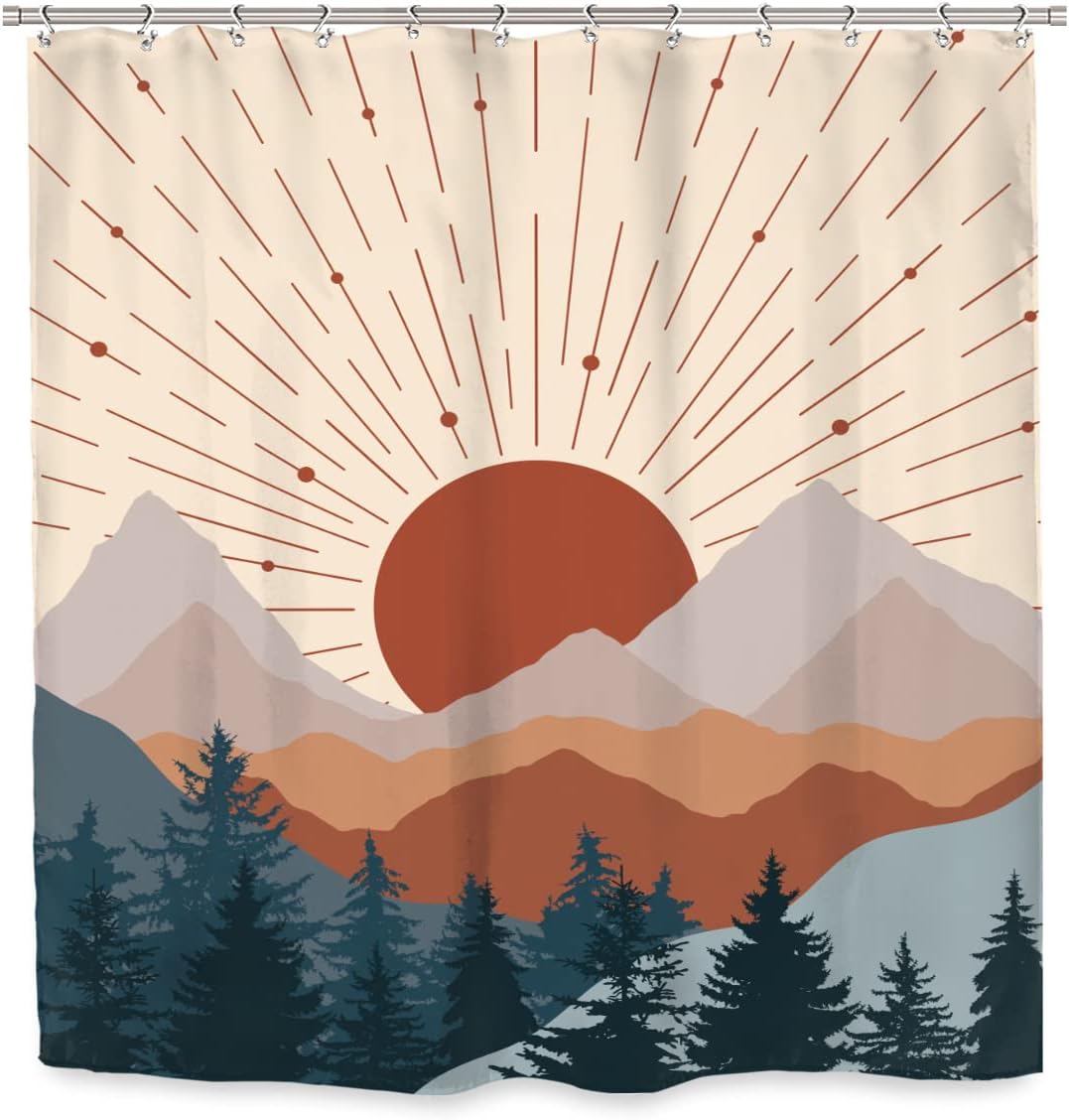 Minimalist Misty Forest and Boho Mountain Sunset Shower Curtain for Bathroom Decors