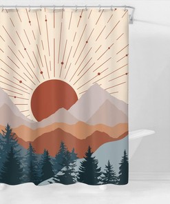 Minimalist Misty Forest and Boho Mountain Sunset Shower Curtain for Bathroom Decors