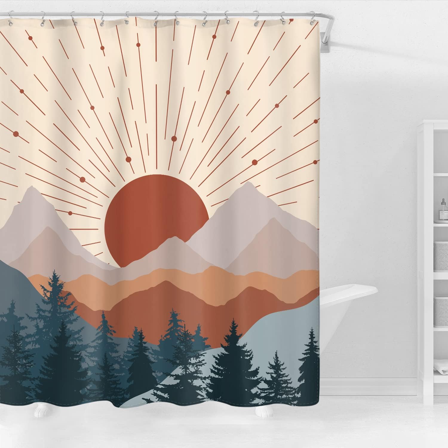 Minimalist Misty Forest and Boho Mountain Sunset Shower Curtain for Bathroom Decors