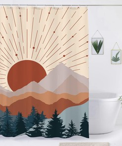 Minimalist Misty Forest and Boho Mountain Sunset Shower Curtain for Bathroom Decors