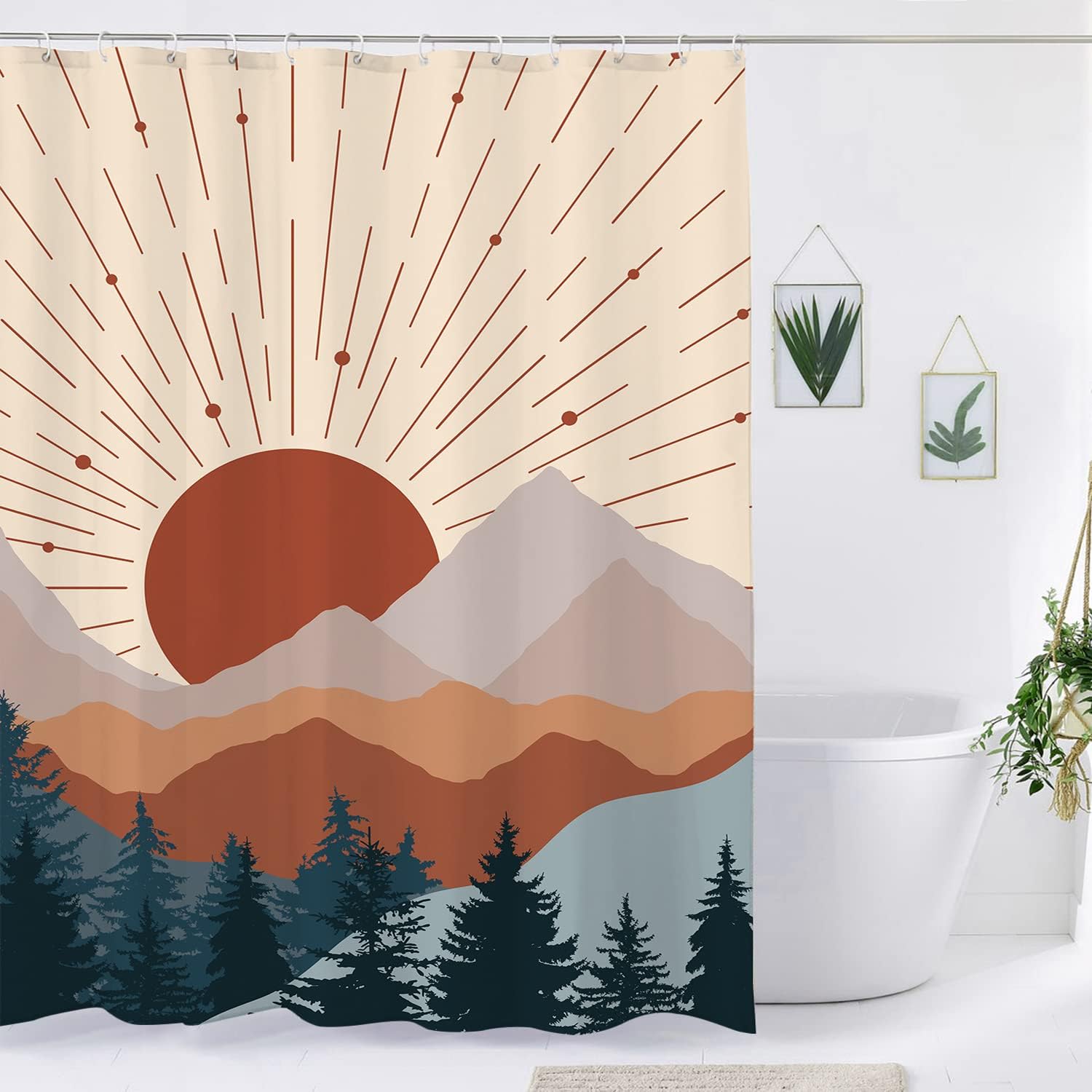 Minimalist Misty Forest and Boho Mountain Sunset Shower Curtain for Bathroom Decors