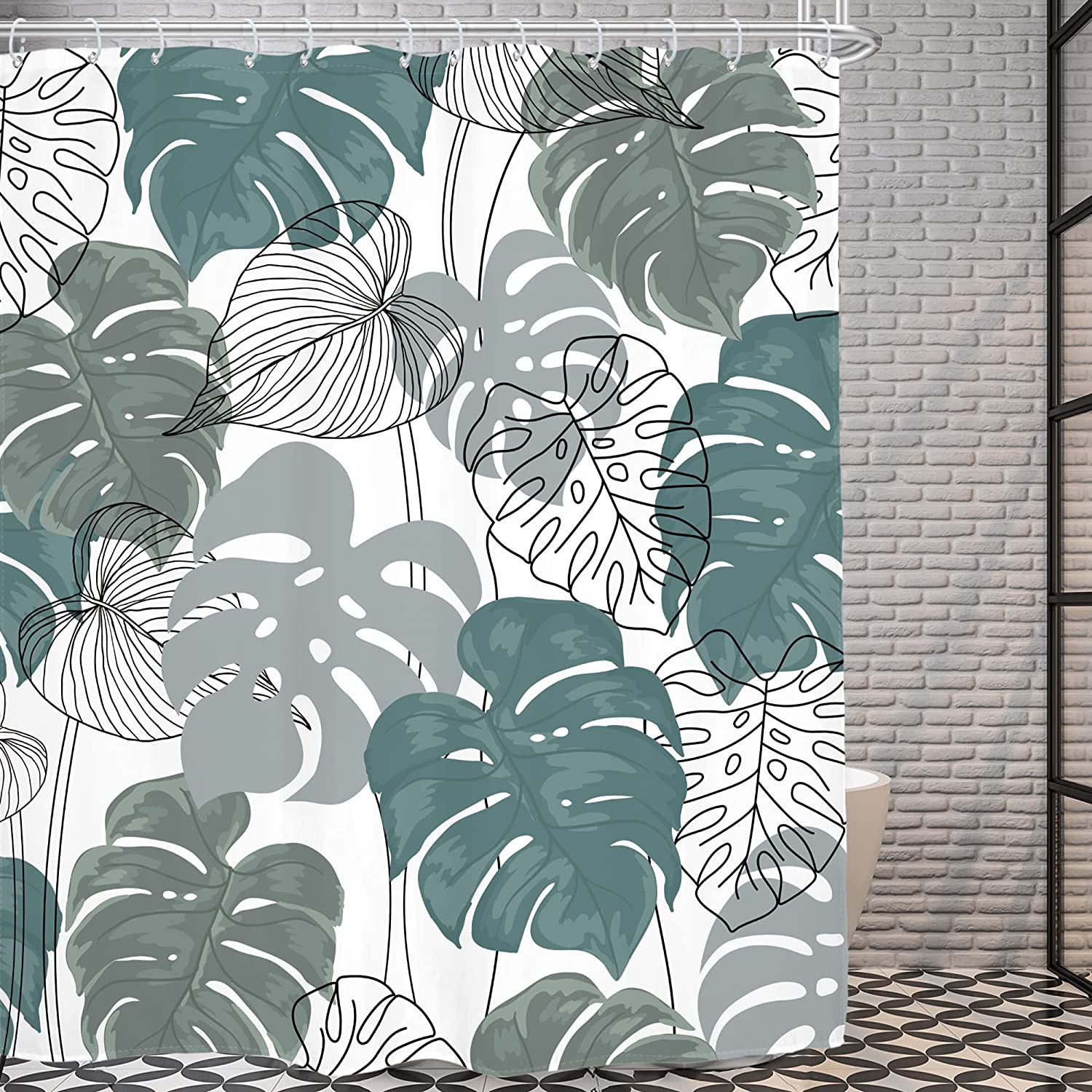 Minimalist Monstera Leaf Palm Leaves Plants Tropical Green Shower Curtain, Cloth Fabric Waterproof Bathroom Decor