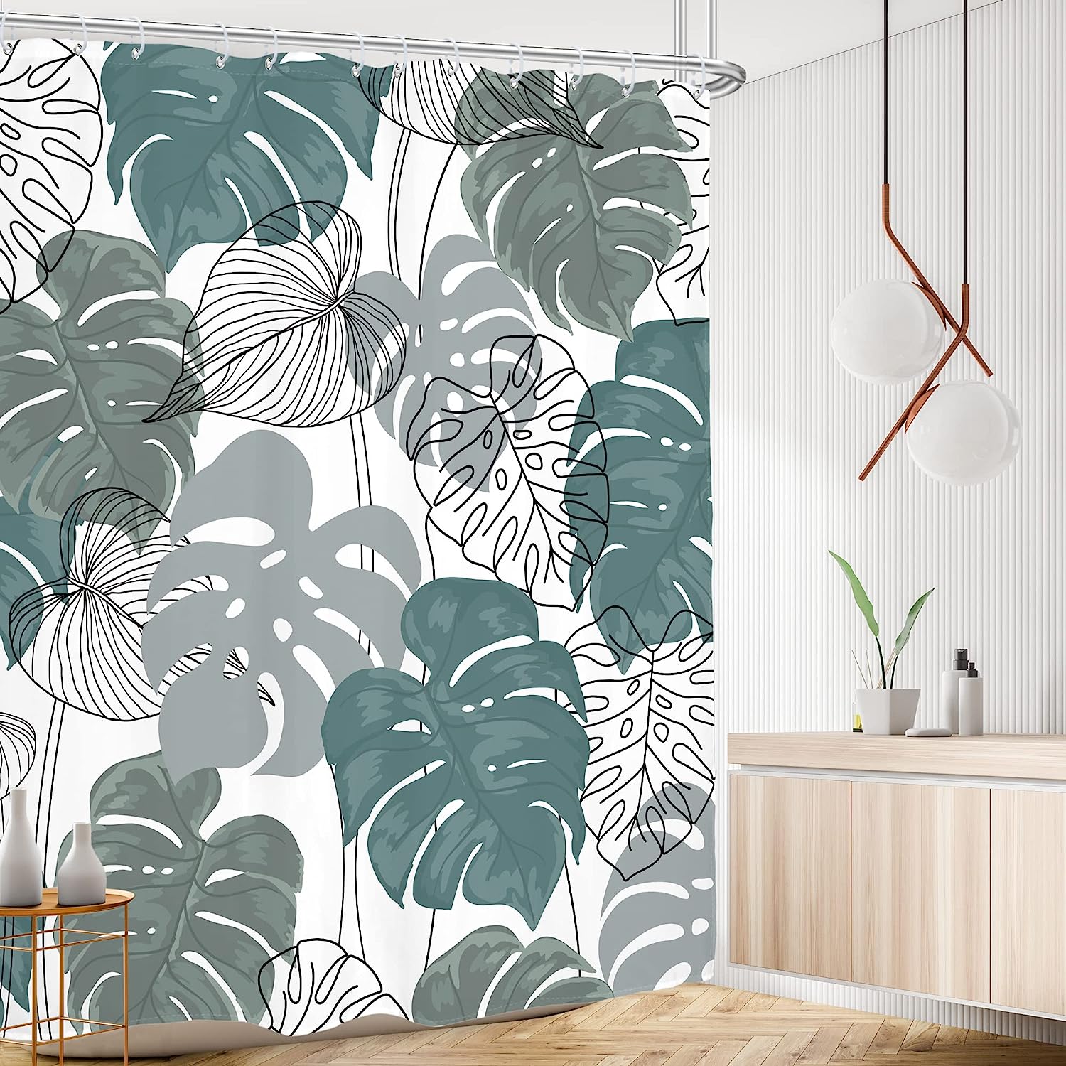 Minimalist Monstera Leaf Palm Leaves Plants Tropical Green Shower Curtain, Cloth Fabric Waterproof Bathroom Decor - Image 2