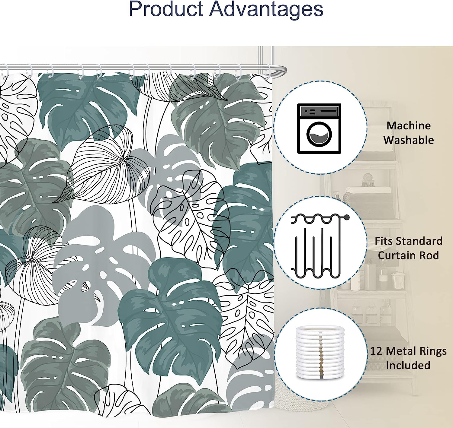 Minimalist Monstera Leaf Palm Leaves Plants Tropical Green Shower Curtain, Cloth Fabric Waterproof Bathroom Decor - Image 3