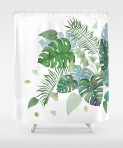 Minimalist Monstera Leaves Print Shower Curtain for Tropical Bathroom Decor