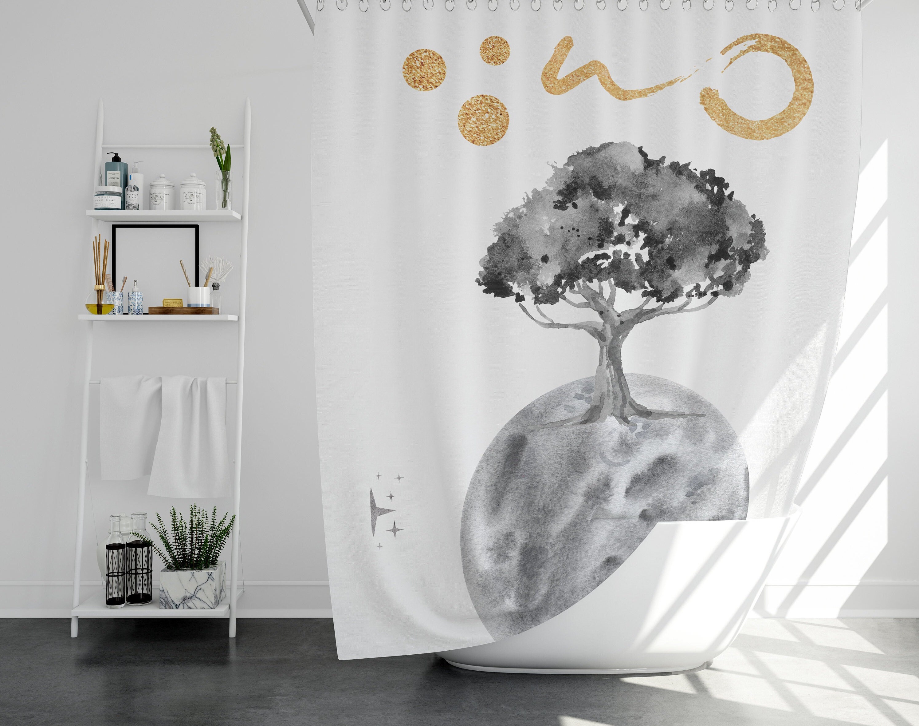 Minimalist Moon Planet Shower Curtain For Astronomy Fans' Bathrooms