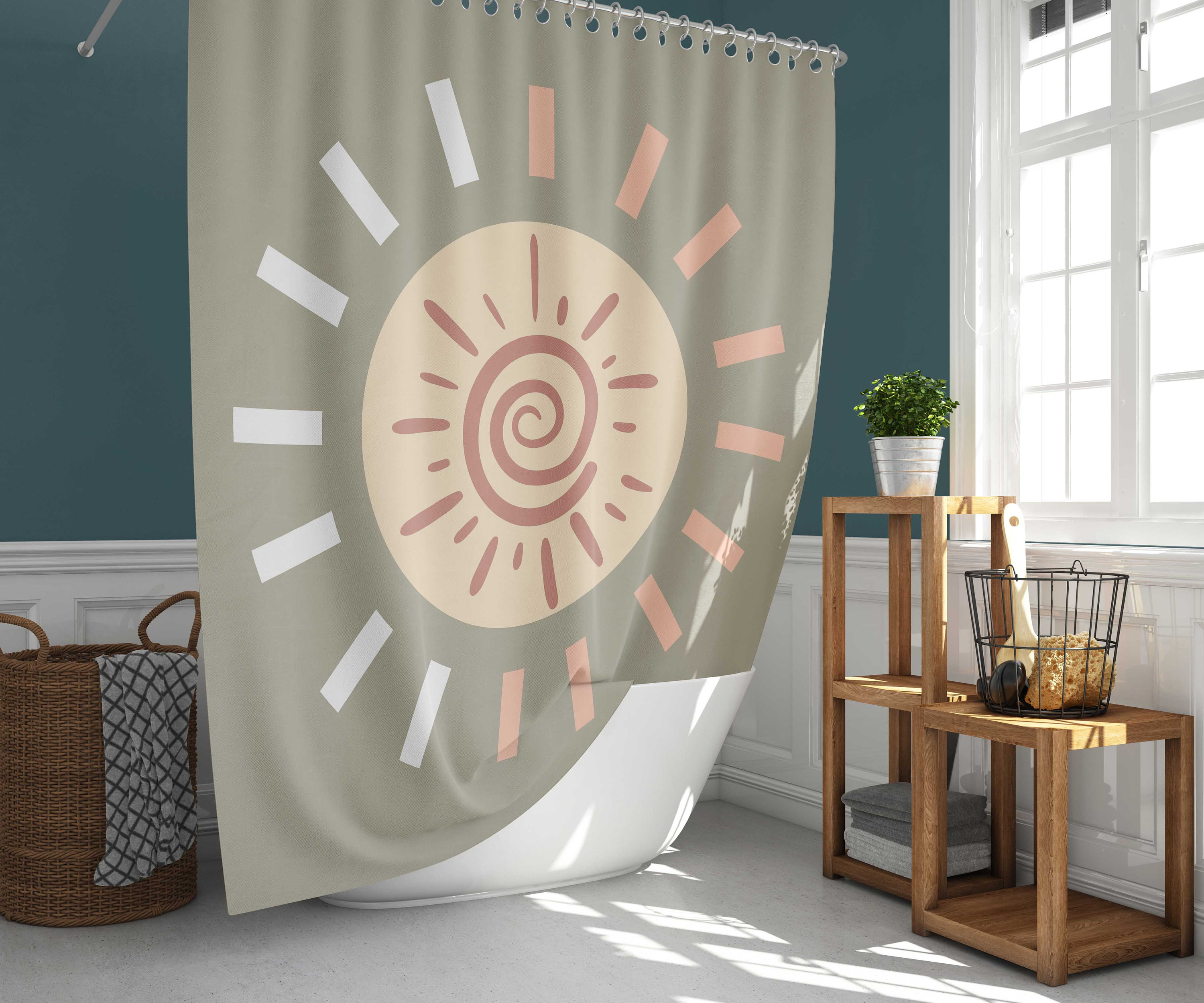 Minimalist Morning Sunrise Fabric Bohemian Sun Shower Curtain, Cloth Fabric Waterproof for Bathroom Décor