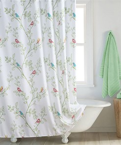 Minimalist Nordic Style White And Green Branch Bird Shower Curtain, Waterproof Fabric Curtain For Bathroom